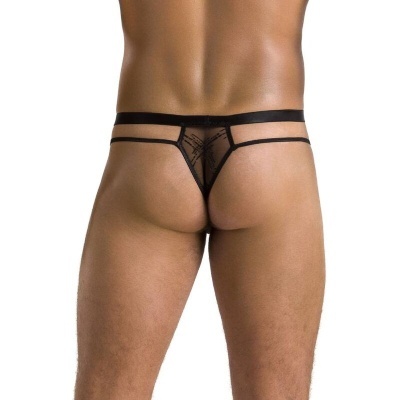Cueca masculina preta tipo fio dental vista de costas.