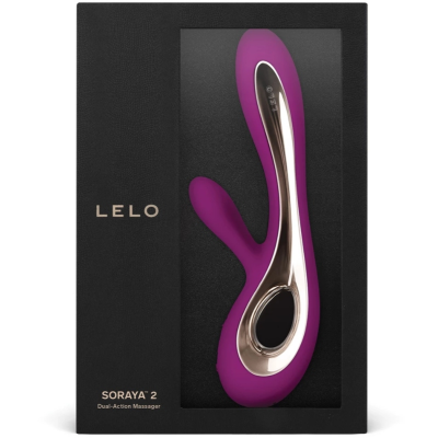 Massageador dual-action LELO Soraya 2 roxo com detalhes dourados em caixa preta