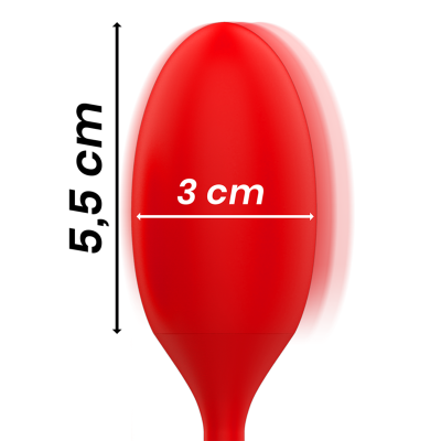 Objeto vermelho oval com medidas 5,5 cm e 3 cm em fundo branco