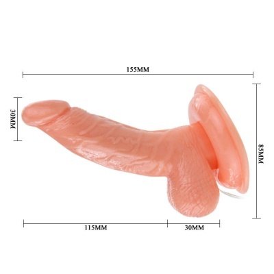 Dildo cor de pele com textura veias e glande, medidas em milímetros