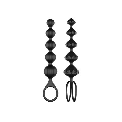 Conjunto de duas colas anais pretas em silicone com esferas e argolas.