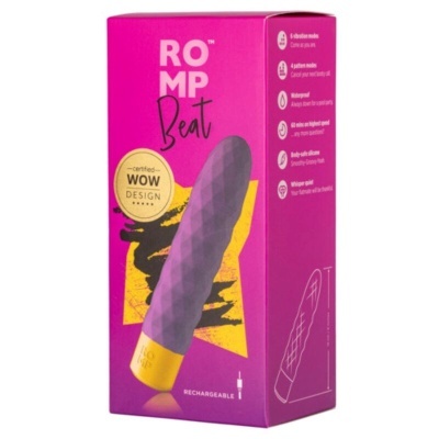 Embalagem rosa e dourada para vibrador recarregável RO MP Beat com padrão geométrico