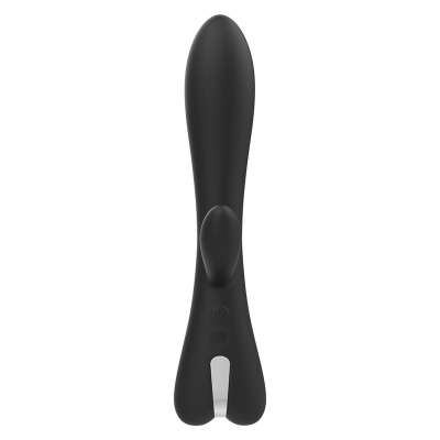 Vibrador preto com botões na base sobre fundo branco