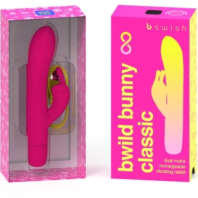 Vibrador rosa clássico tipo coelho na embalagem rosa com texto amarelo