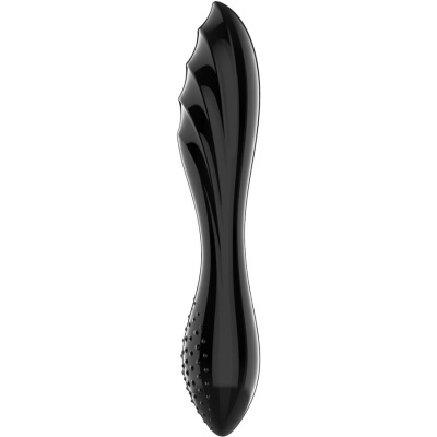 Vibrador preto curvo com texturas onduladas e pontilhadas