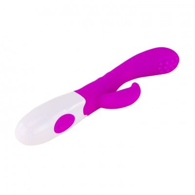 Vibrador roxo com base branca e botão de controlo