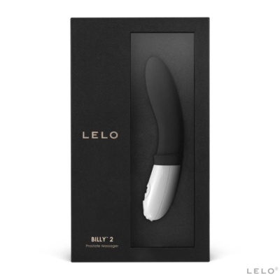 Massageador preto e branco em caixa preta com texto LELO e BILLY 2
