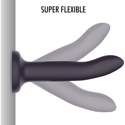 Dildo preto com base de ventosa e texto SUPER FLEXIBLE