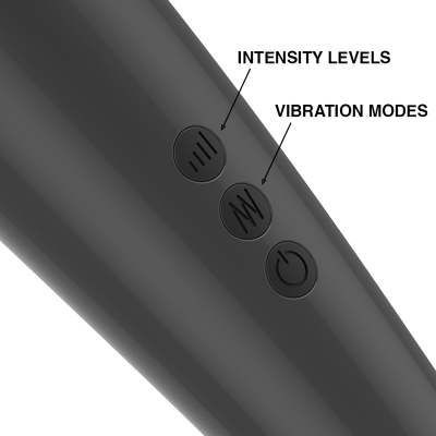 Dispositivo cinzento escuro com botões rotulados para níveis de intensidade e modos de vibração