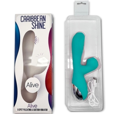 Vibrador azul turquesa Caribbean Shine Alive com embalagem e cabo USB.