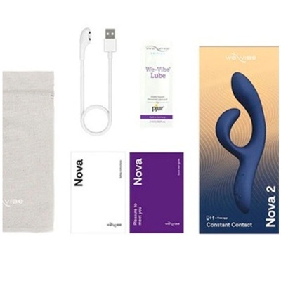 Kit We-Vibe Nova 2 com vibrador azul escuro, cabo USB branco, lubrificante, saco cinza, manuais e caixa azul-bege