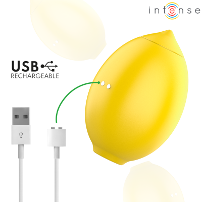 Dispositivo amarelo oval com botão branco e cabo USB para carregamento