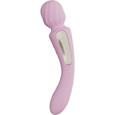Vibrador rosado curvo com cabeça texturizada e botão dourado