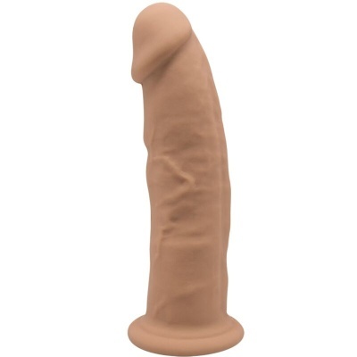 Dildo cor de pele com textura realista e base circular em fundo branco