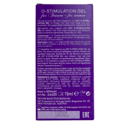 Embalagem roxa de gel estimulante feminino O-STIMULATION GEL com texto informativo branco.