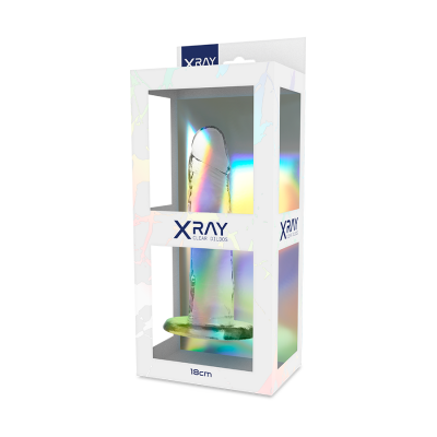 Dildo transparente com efeito arco-íris na embalagem branca com visor e texto X RAY CLEAR DILDOS 18 cm