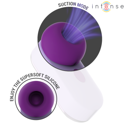 Dispositivo electrónico branco com ponta circular roxa em silicone e texto relacionado