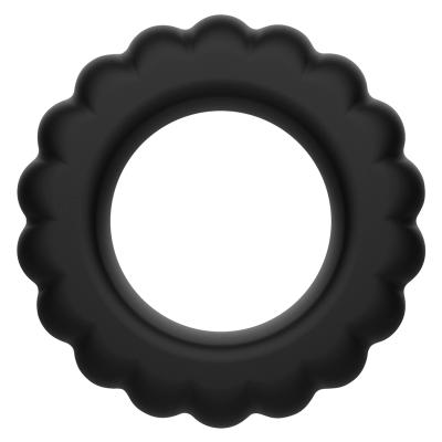 Pneu negro circular com bordas onduladas e textura de borracha