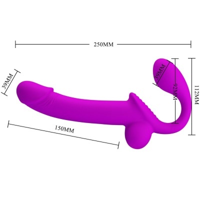 Produto sexual roxo em silicone com medidas em milímetros sobre fundo branco