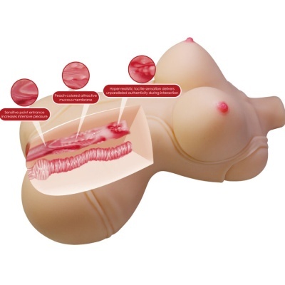 Product adult female torso in light beige with pink nipples and internal textured cross-section with English labels