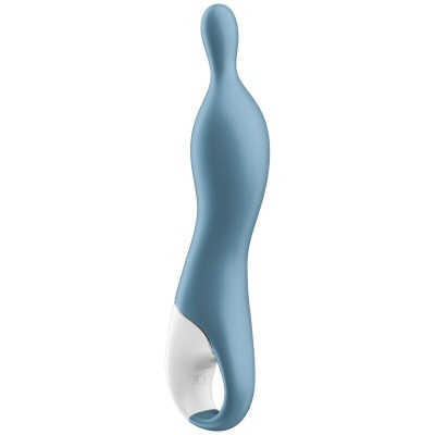 Vibrador pessoal azul com base branca e formato curvo