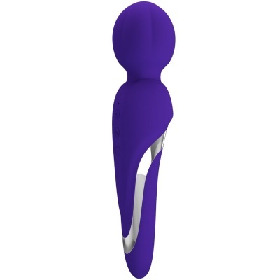 Massageador roxo com botões e detalhes metálicos