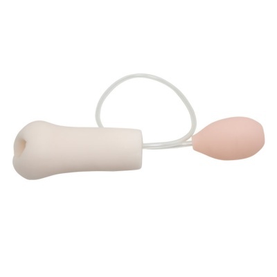 Produto em silicone em forma de pênis bege com tubo e balão cor rosa
