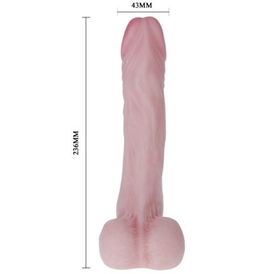 Réplica anatómica masculina rosa com medidas em fundo branco