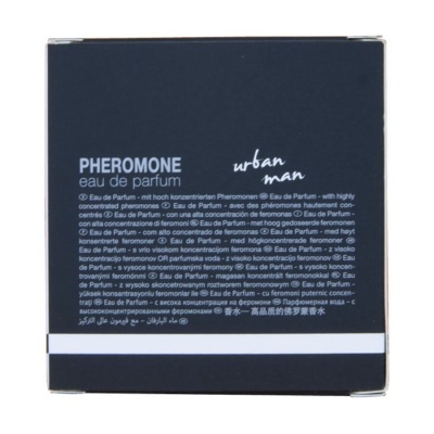 Embalagem de perfume PHEROMONE urban man em caixa preta com texto branco.