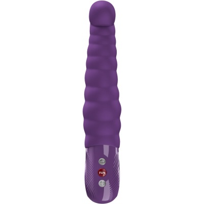 Vibrador roxo com textura ondulada e botões FUN + - na base