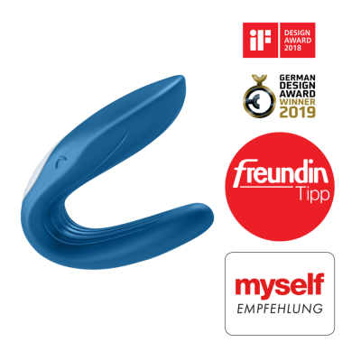 Dispositivo azul em forma de U com prêmios de design ao lado.