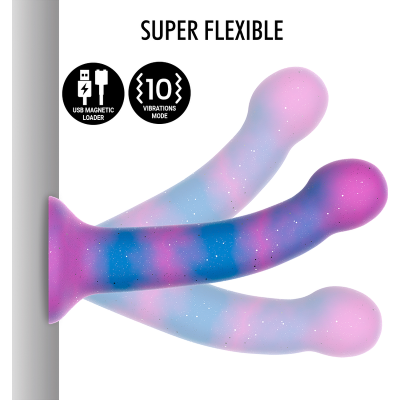Três vibradores flexíveis em silicone com base larga e cores rosa, azul e roxo com partículas brilhantes