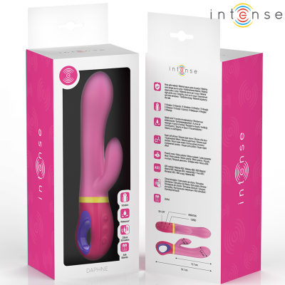 Embalagem de vibrador pink com detalhes azul e amarelo, modelo DAPHNE, marca intense.