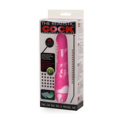 Vibrador rosa com embalagem transparente e texto THE REALISTIC COCK