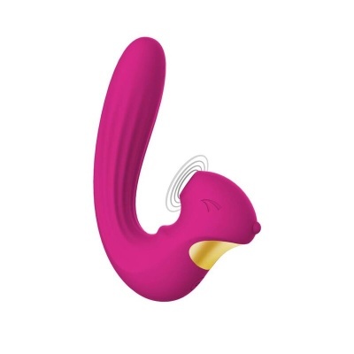 Vibrador cor-de-rosa curvo com detalhe dourado e sinais de vibração