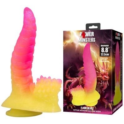 Dildo colorido rosa e amarelo com embalagem com dragão e texto