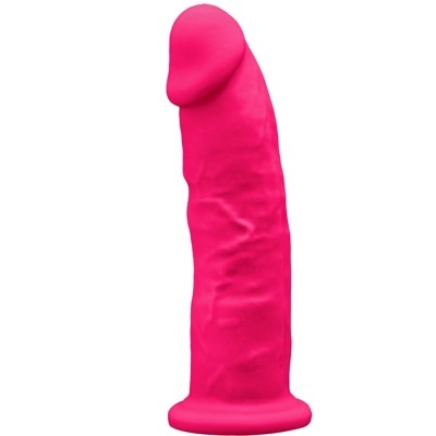 Dildo rosa vibrante com base alargada sobre fundo branco