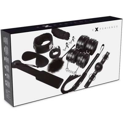 Conjunto de acessórios BDSM preto numa embalagem branca com texto EXPERIENCE