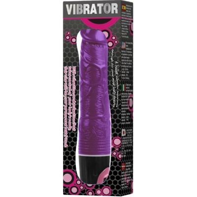 Embalagem de vibrador roxo texturizado com base preta e rosa