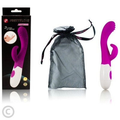 Vibrador roxo e branco, embalagem preta PRETTYL LOVE ANTIBUR, saco preto