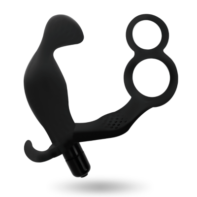 Brinquedo adulto preto ergonómico com dois anéis circulares e motor vibratório