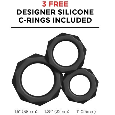 Três anéis C de silicone preto com design facetado em tamanhos variados