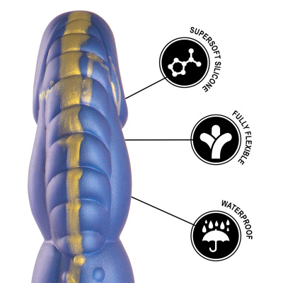 Produto azul e dourado em silicone com inscrições sobre características