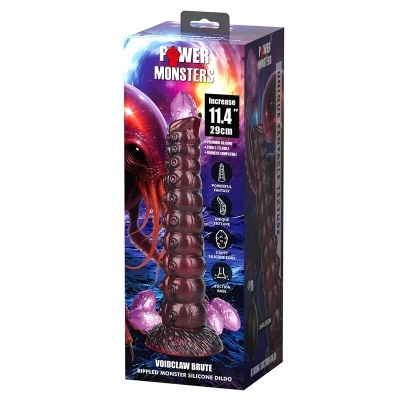 Embalagem de dildo de silicone roxo com textura de tentáculos e base de ventosa