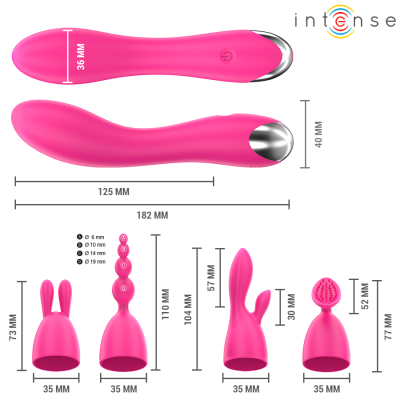 Vibrador rosa com detalhes metálicos e quatro acessórios intercambiáveis rosa com medidas