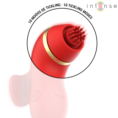 Apresentação de produto elétrico vermelho e rosa com cerdas flexíveis e texto explicativo