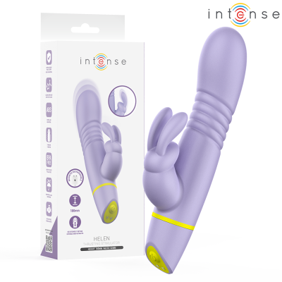 Vibrador roxo com estimulador de coelho e embalagem da marca intense