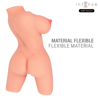 Figura do corpo feminino de material flexível cor de pele com texto MATERIAL FLEXIBLE e logo intense.
