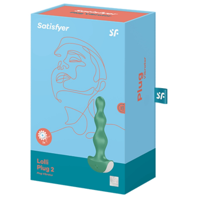 Embalagem azul e verde do Lolli Plug 2 da Satisfyer com ilustração de rosto e plug verde ondulado