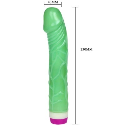 Vibrador verde com textura veiculada, base branca e detalhe roxo
